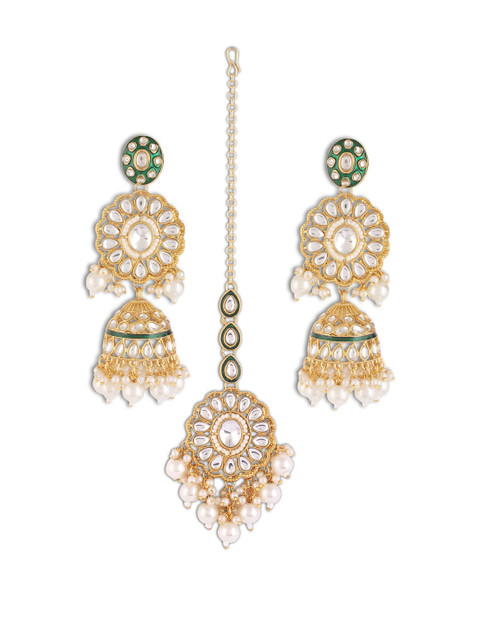 Gold Plated Dome Shaped Kundan Studded & Beaded Jhumkas