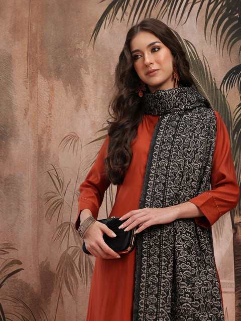 Sangria Ethnic Motifs Woven Design Pure Wool Ethnic Shawl with Fringed Border