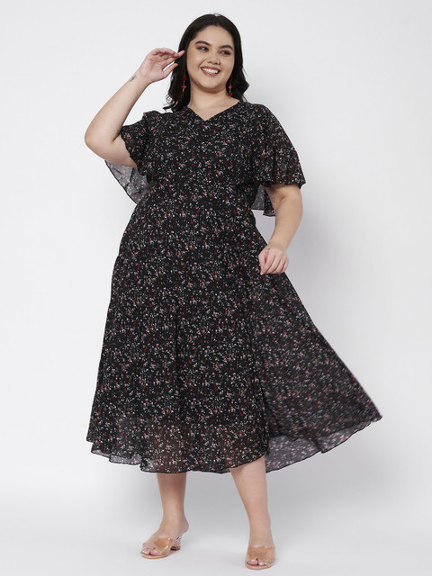 HELLO DESIGN Women Plus Size Floral Printed Flared Sleeve Fit & Flare Midi Dress