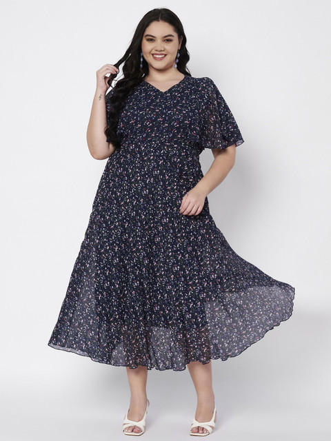 HELLO DESIGN Women Floral Print V Neck Flared Sleeve Fit & Flare Midi Dress