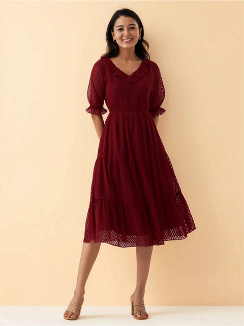 AASK Women V-Neck Puff Sleeves Fit & Flare Dress