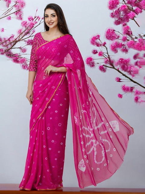 CLAFOUTIS Bandhani Pure Chiffon Bandhani Saree With Unstitched Blouse Piece