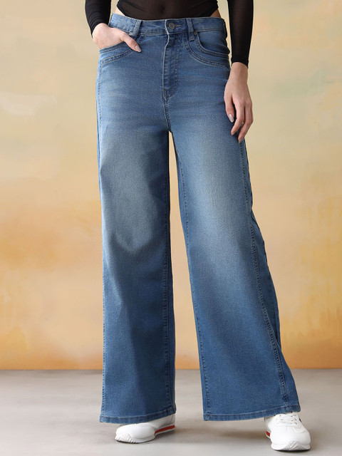 Flying Machine Women Wide Leg High-Rise Light Fade Stretchable Jeans