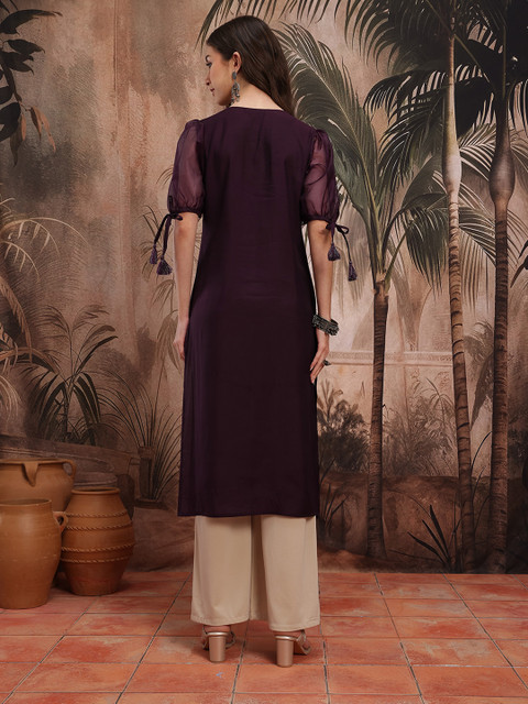 Sangria Sequinned Thread Work Detail Puffed Sheer Sleeves Kurta - Image 5