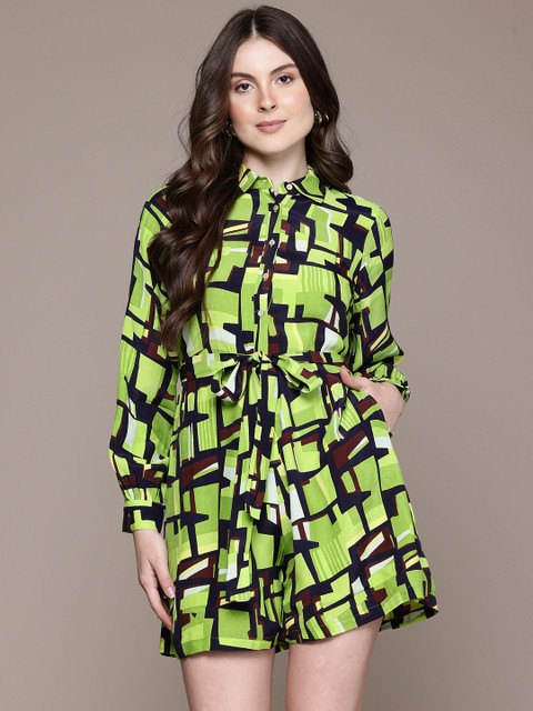 Label Ritu Kumar Abstract Printed Shirt Collar Button-Down Playsuit with Belt
