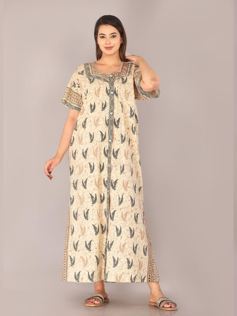 Ohseem Floral Printed Round Neck Pure Cotton Maxi Shirt Dress Nightdress