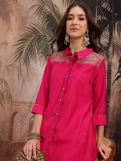 Sangria Yoke Design Sequinned Shirt Collar Kurta with Trouser