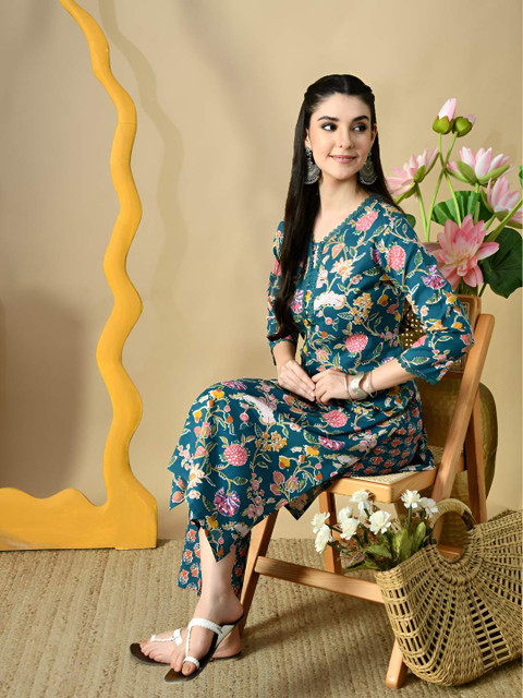 PHYSIL Women Floral Printed Cotton Kurta with Palazzos - Image 5