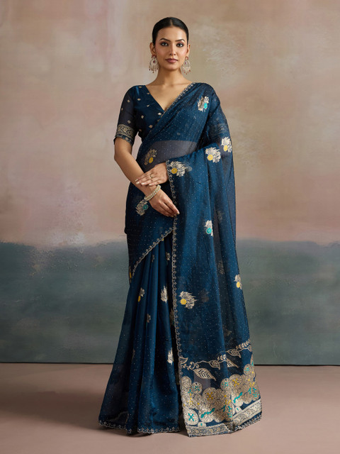 Mitera Ethnic Motifs Woven Design Beads and Stones Organza Uppada Saree