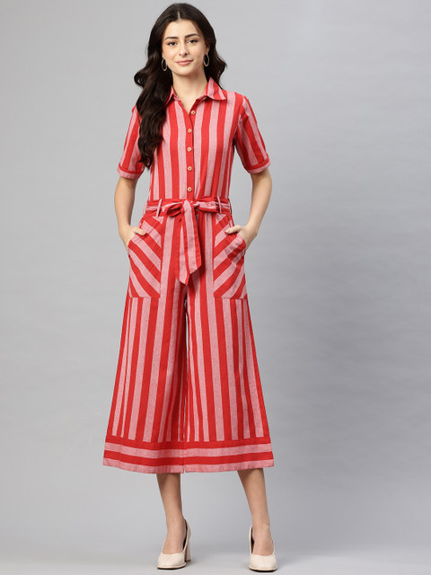 Cottinfab Striped Shirt Collar Basic Jumpsuit