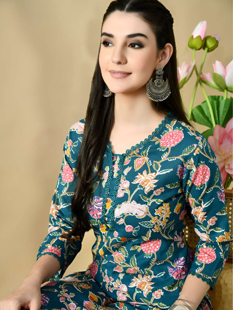 PHYSIL Women Floral Printed Cotton Kurta with Palazzos