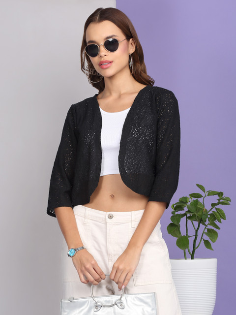 Dressitude Front Open Self Design Flared Sleeves Cotton Shrug