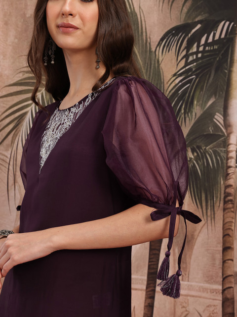 Sangria Sequinned Thread Work Detail Puffed Sheer Sleeves Kurta - Image 2