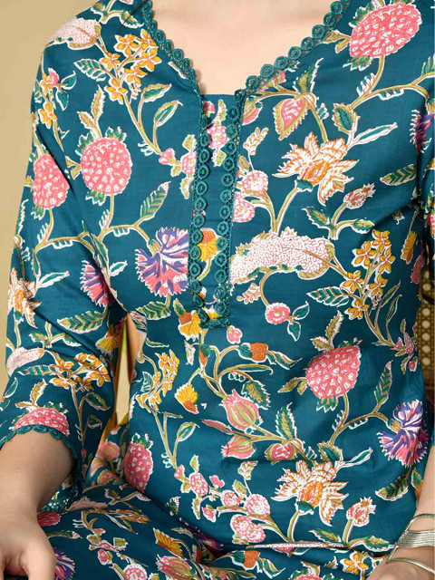 PHYSIL Women Floral Printed Cotton Kurta with Palazzos - Image 4