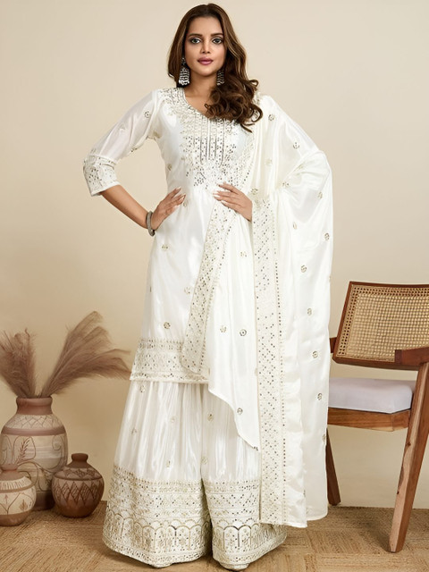 ANVERI TEXTILES Women Ethnic Motifs Embroidered Silk A-Line Kurta with Sharara & Dupatta