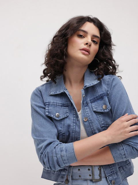 The Roadster Life Co. Spread Collar Slightly Ripped Crop Denim Jacket