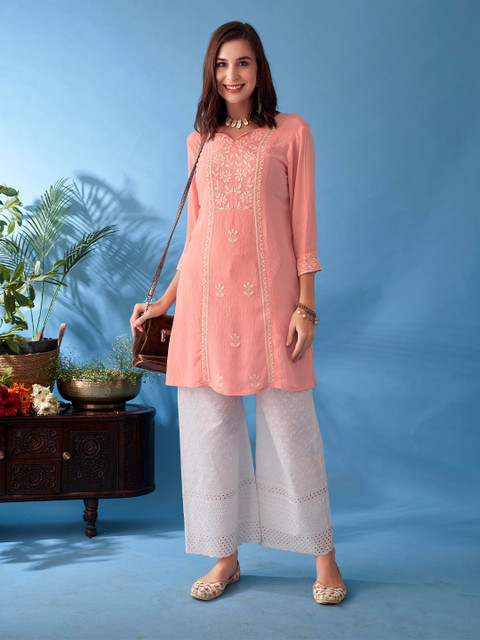 Anouk Pink Embroidered V-Neck A-Line Kurta