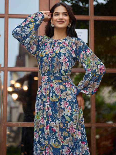 SARINKU Women Floral Printed Belted Gown Maxi Dress