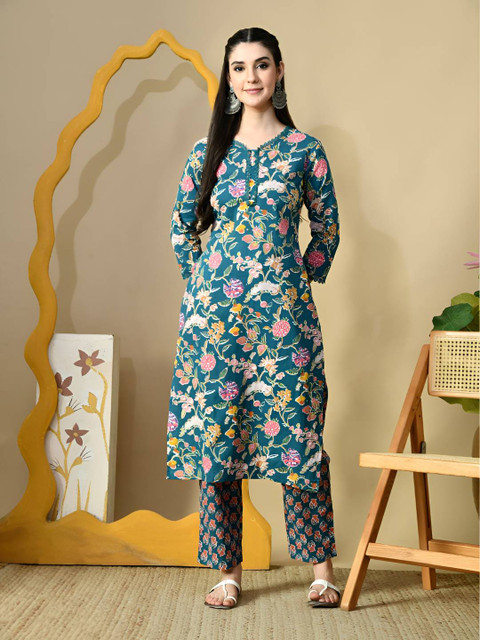PHYSIL Women Floral Printed Cotton Kurta with Palazzos - Image 6