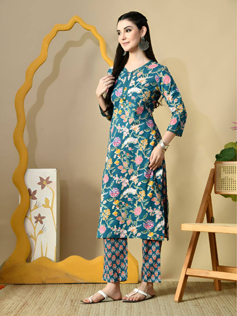 PHYSIL Women Floral Printed Cotton Kurta with Palazzos - Image 7
