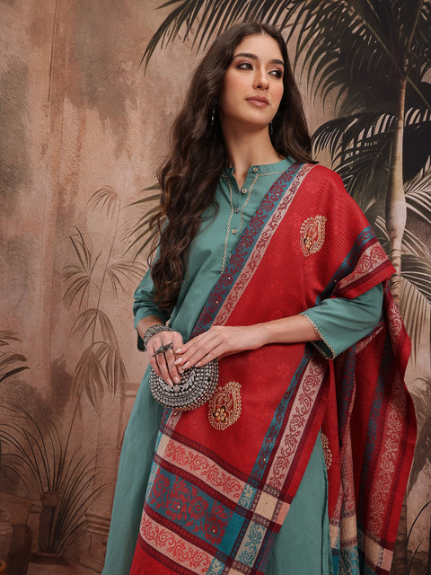 Sangria Ethnic Motifs Woven Design Embellished Pure Wool Ethnic Shawl with Fringed Border