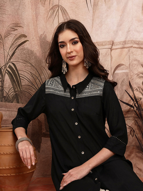 Sangria Embellished Sequinned Button Detail Shirt Collar Asymmetric Kurta