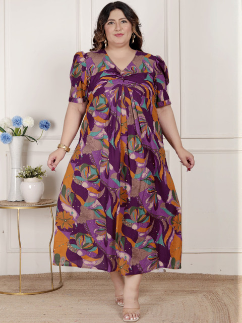 MIRAVAN Women Plus Size V-Neck Floral Print Puff Sleeve Midi Dress