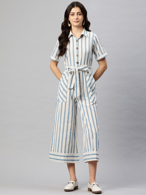 Cottinfab Striped Shirt Collar Basic Jumpsuit