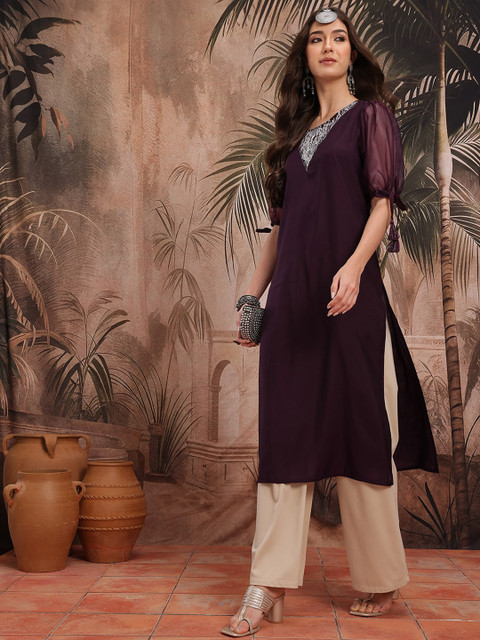 Sangria Sequinned Thread Work Detail Puffed Sheer Sleeves Kurta - Image 6
