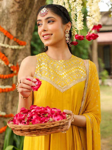 Janasya Women Yellow Chanderi Silk Embellished Anarkali Kurta Set With Dupatta