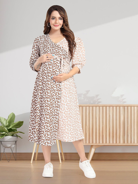 MomsBae Women Floral Printed V-Neck A-Line Knee Length Maternity Dress Comes with a belt