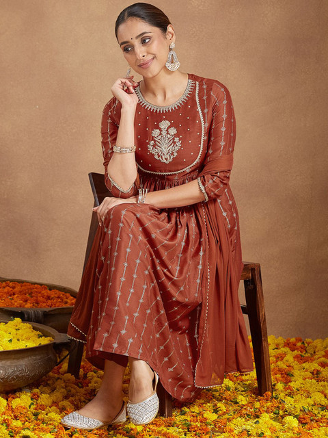 Janasya Women Ethnic Motifs Embroidered Sequinned Kurta with Trousers & Dupatta