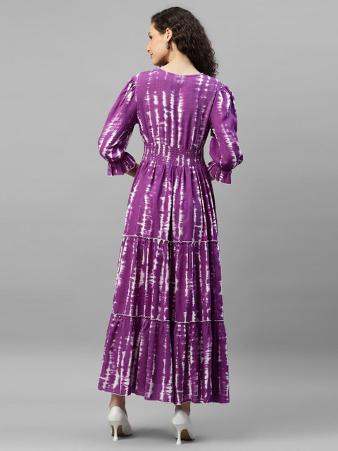 Krunal Raiyani Women Abstract Printed V-Neck Tiered Fit and Flare Maxi Dress - Image 4