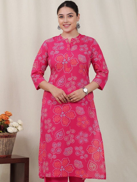 Aramya Women Bandhani Printed Fusion Cotton Straight Kurta
