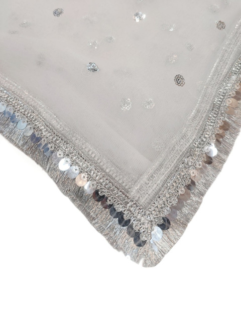 Navti Creations Embroidered White Net Dupatta with Silver Sequins