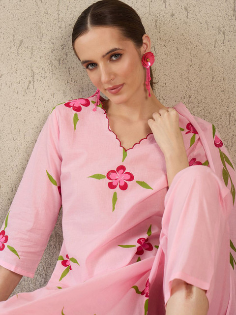 Indo Era Women Floral Printed Regular Pure Cotton Kurta with Trousers & Dupatta