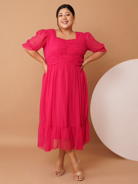 U&F Beyond Women Plus Size Puff Sleeve Georgette Fit & Flare Midi Dress