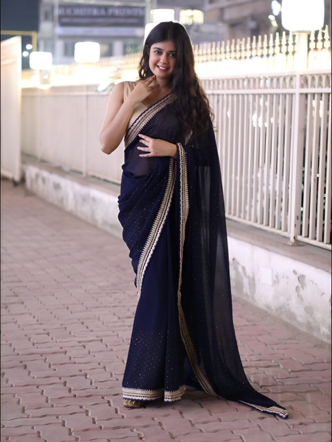 Peach Petals Embellished Beads & Stones Satin Saree