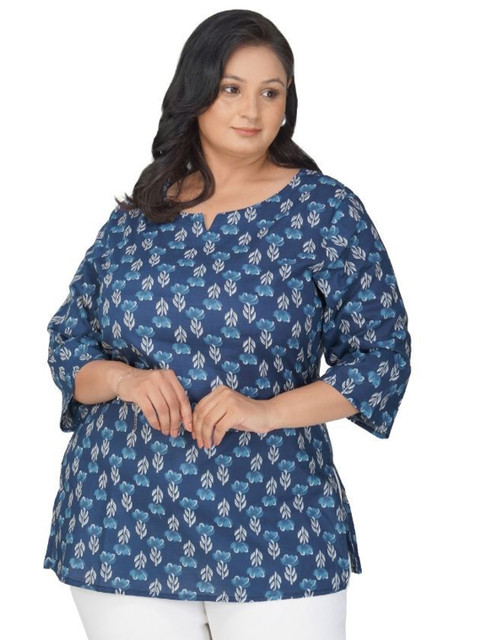 30 Looks Women Dark Midnight Blue Plus Size Cotton Printed Kurti
