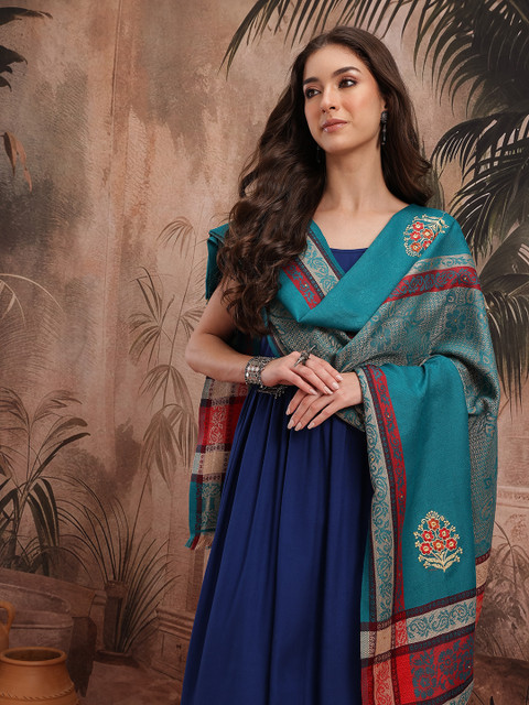 Sangria Ethnic Motifs Woven Design Embellished Detail Ethnic Shawl with Fringed Border