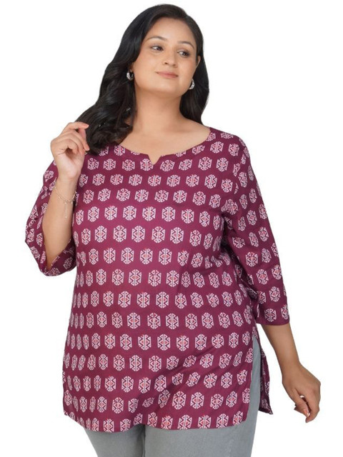 30 Looks Plus Size Geometric Printed Notch Neck Pure Cotton Kurti