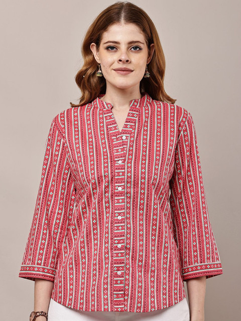 HERE&NOW Women Red Floral Striped Printed Cotton Top