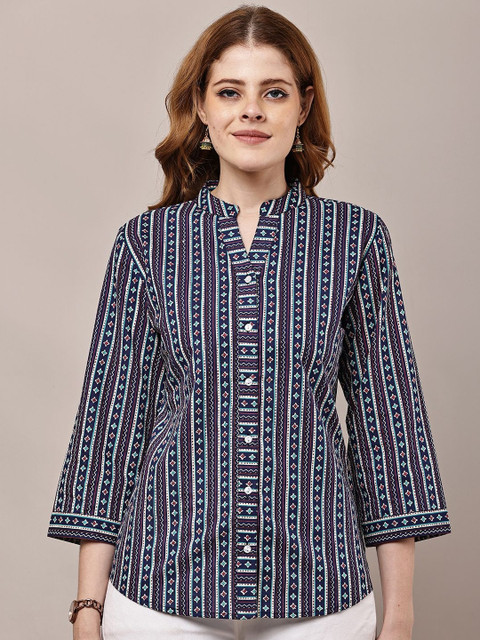 HERE&NOW Women Blue Floral Striped Printed Cotton Top