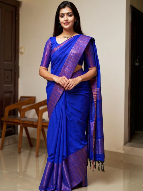 VILLE FASHION Blue Art Silk Woven Design Sarees
