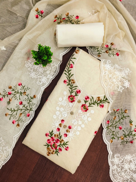 KALINI Women Cotton Blend Embroidered Dress Material