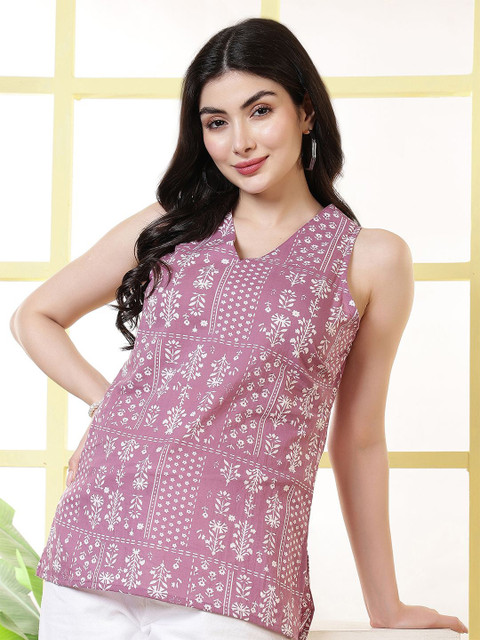 KALAMIR Women Purple Floral Printed Cotton Top