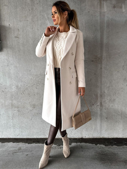 DressBerry Women White Solid Notched Lapel Collar Coat