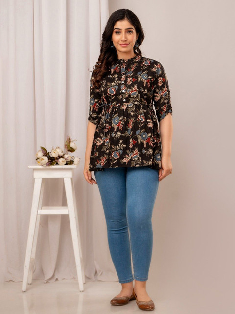 FASHION SWAG Women Ethnic Printd Mandarin Collar Cotton Tunic