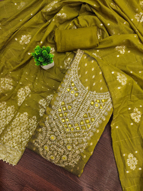 LeeliPeeri Designer Floral Embroidered Gotta Patti Silk Unstitched Dress Material