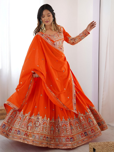 FABPIXEL Embellished Sequinned Semi-Stitched Lehenga & Unstitched Blouse With Dupatta